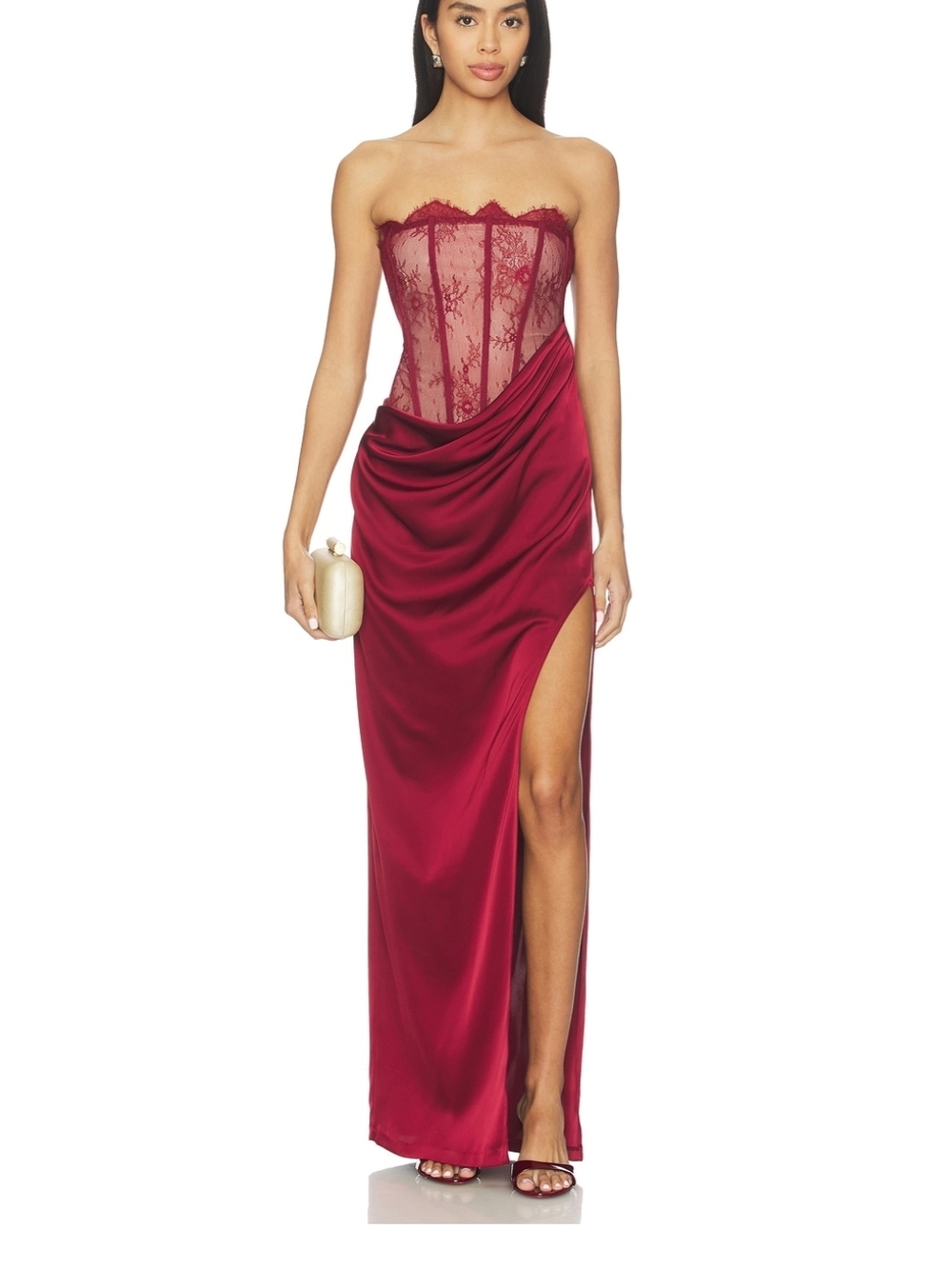NBD Nalani Strapless Lace Corset Maxi Gown in Burgundy